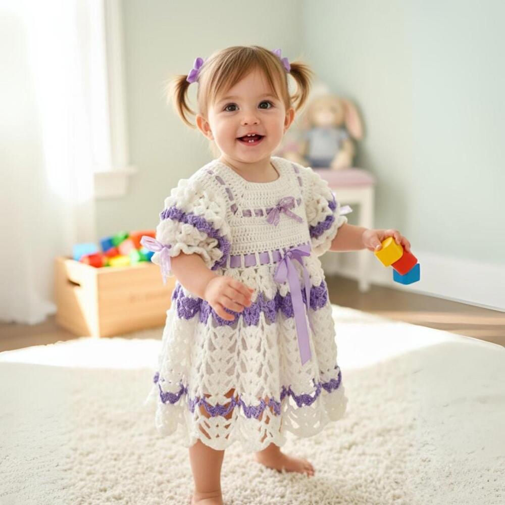 Crochet Purple Baby Dress, Handmade Vintage Knit Cream & Lavender